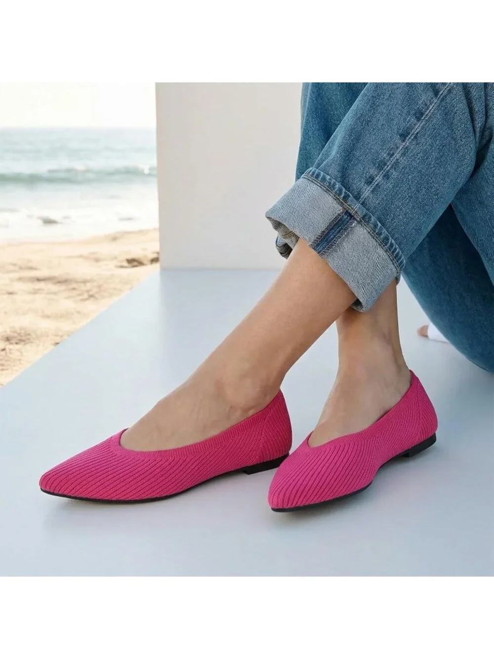 Women's Rose Red Pointed Toe Comfort Foldable Slip On Knit Ballet Flat Shoes